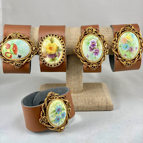 Cherish the Past with Antique Ceramic Pins over Leather Bracelets