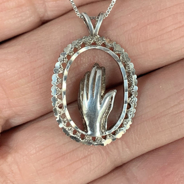Vintage Oval Silver Praying Hands Necklace