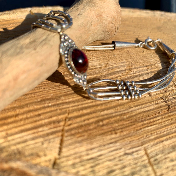 Bugle Bean Sterling Silver With Red Garnet Setting