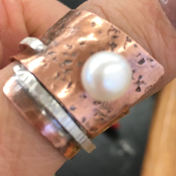 Copper with silver and faux pearl ring