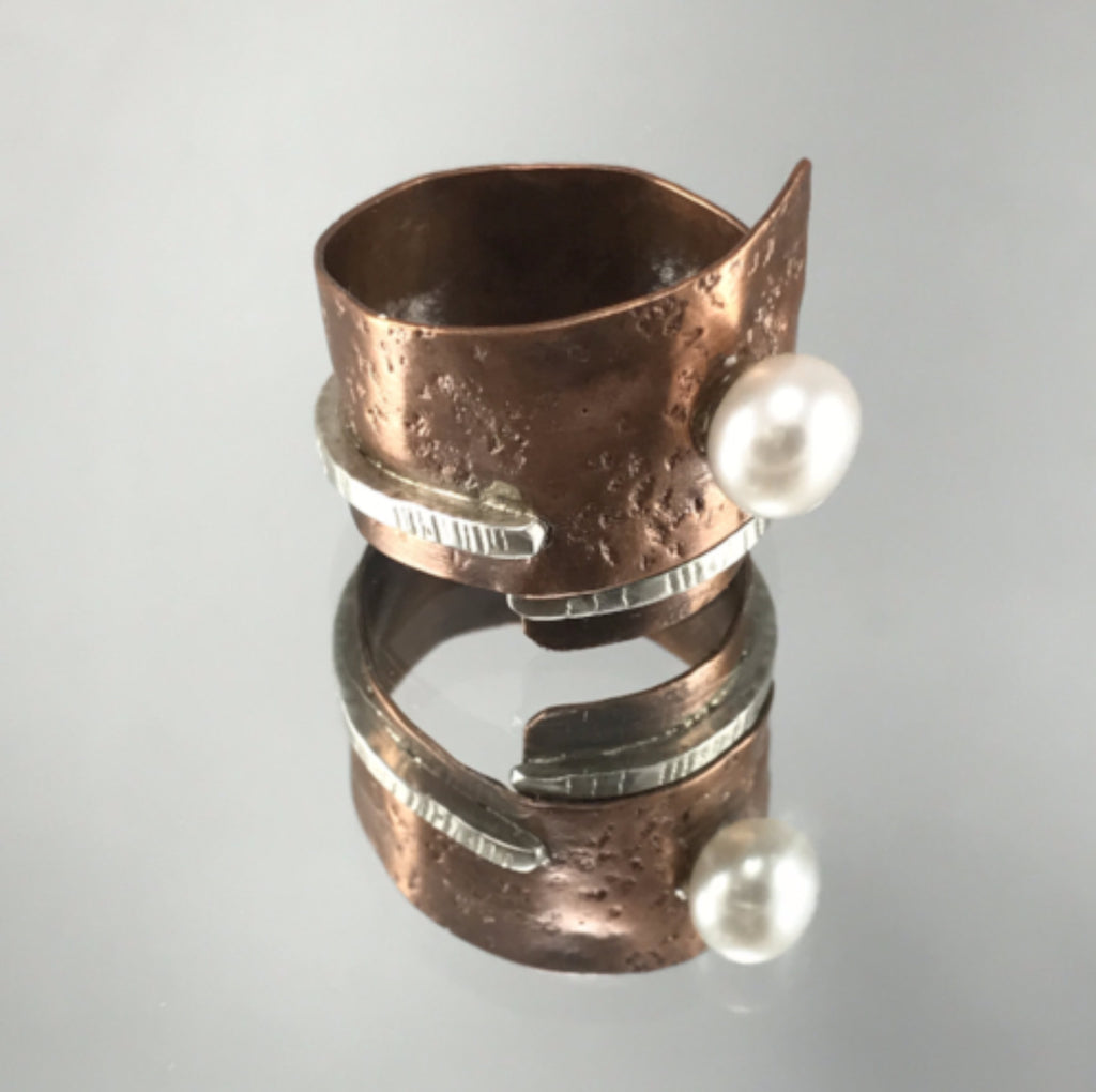 Copper with silver and faux pearl ring